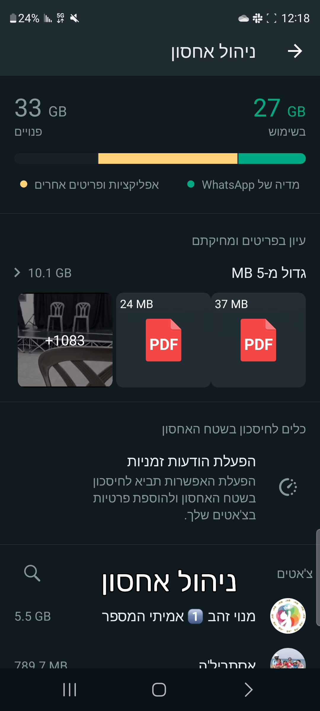 מסך ניהול אחסון בווצאפ - איך לנקות קבצים כבדים